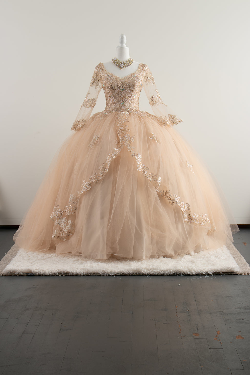 Long sleeve Peach/cream Quinceañera Dress